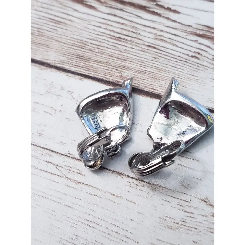 Vintage Clip On Earrings - Silver Tone & Clear Gem - Stamped RA